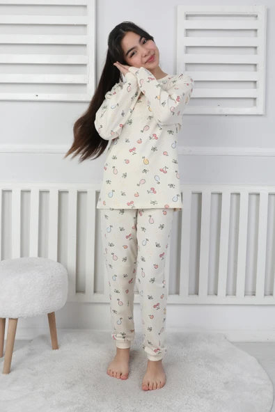 Minimal Çiçek Detaylı Mavi Kız Çocuk Pijama Takımı