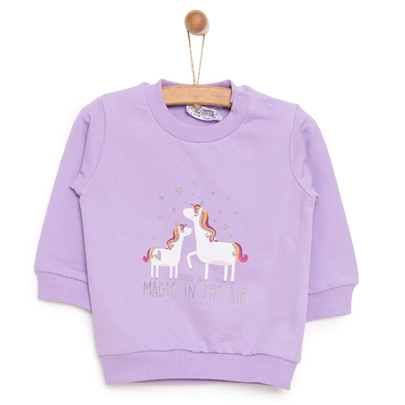 Kız Bebek Sweatshirt Şardonlu Unicorn Desenli Çıtçıtlı Uzun Kol Lila