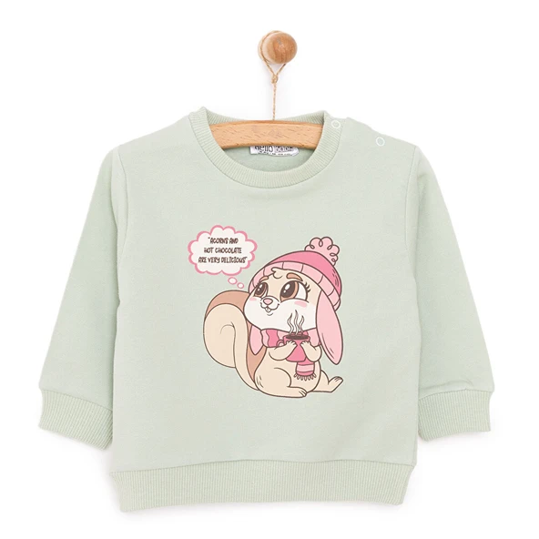 Kız Bebek Sweatshirt Şardonlu Sincap Desenli Bisiklet Yaka Uzun Kol Mint