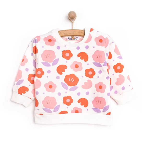 Kız Bebek Sweatshirt Şardonlu Çıtçıtlı Bisiklet Yaka Uzun Kol Desenli