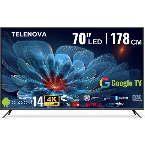 Sonreir Telenova 70 İnç 178 Ekran 4K Ultra HD Android 14, Smart TV LED HDR WiFi Netflix & YouTube Destekli
