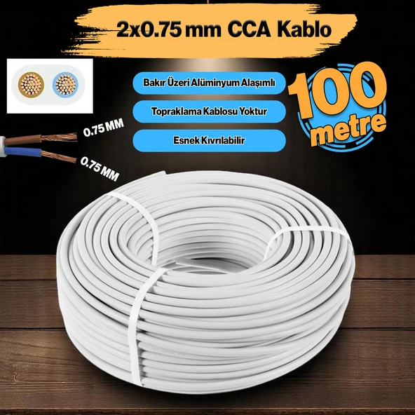 TTR CCA Çok Telli Elektrik Kablosu Topraklı Bakır İletken Damarlı Beyaz Kablo 2x0.75 mm 100 Metre