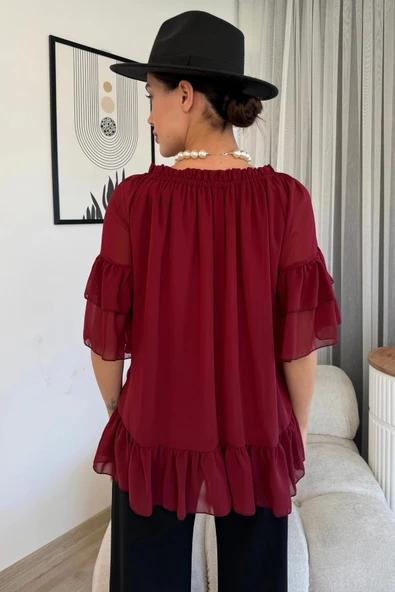 Yaka Lastikli Şifon Bluz 6022-Bordo - 7