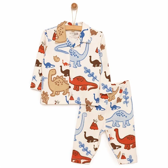 Gömlek Yaka Dinazor Desenli Erkek Bebek Pijama Takımı