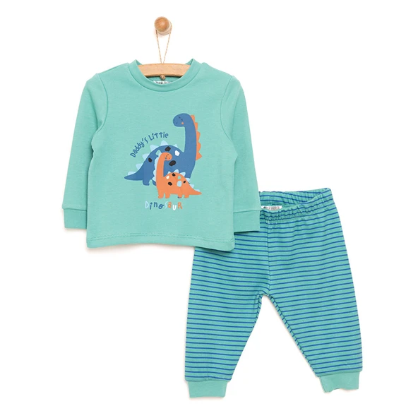 Bisiklet Yaka Dinazor Desenli Erkek Bebek Pijama Takımı