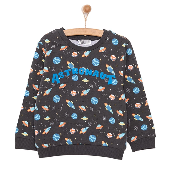 Erkek Bebek Sweatshirt Şardonlu Uzay Metraj Baskılı Bisiklet Yaka Uzun Kol