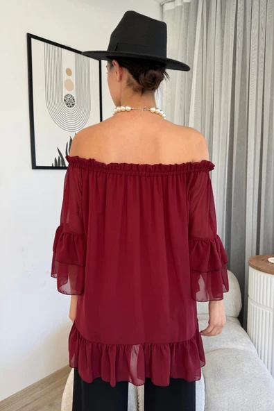 Yaka Lastikli Şifon Bluz 6022-Bordo - 6