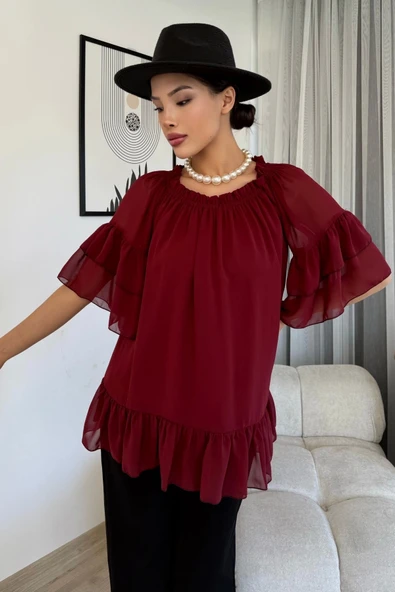 Yaka Lastikli Şifon Bluz 6022-Bordo - 2
