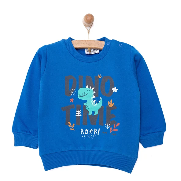 Erkek Bebek Sweatshirt Şardonlu Dino Baskılı Bisiklet Yaka Uzun Kol Lacivert