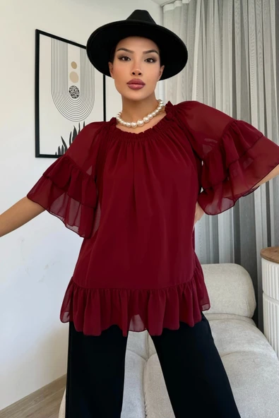 Yaka Lastikli Şifon Bluz 6022-Bordo - 3