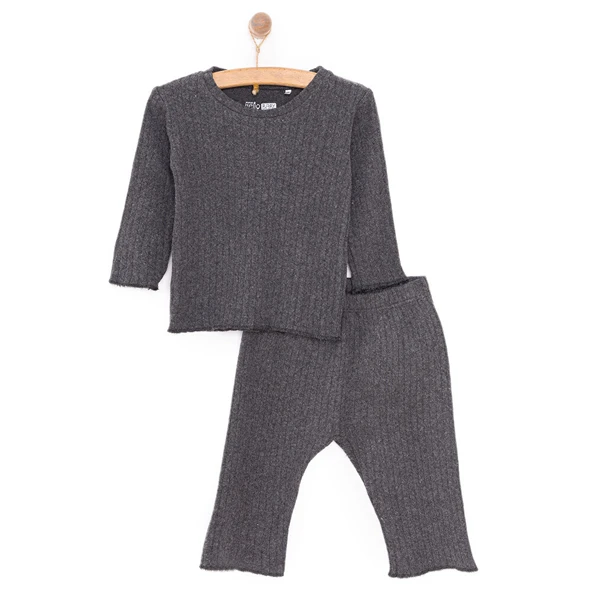 Kız Bebek Pijama Takım Kaşkorse Bisiklet Yaka Uzun Kol Koyu Gri