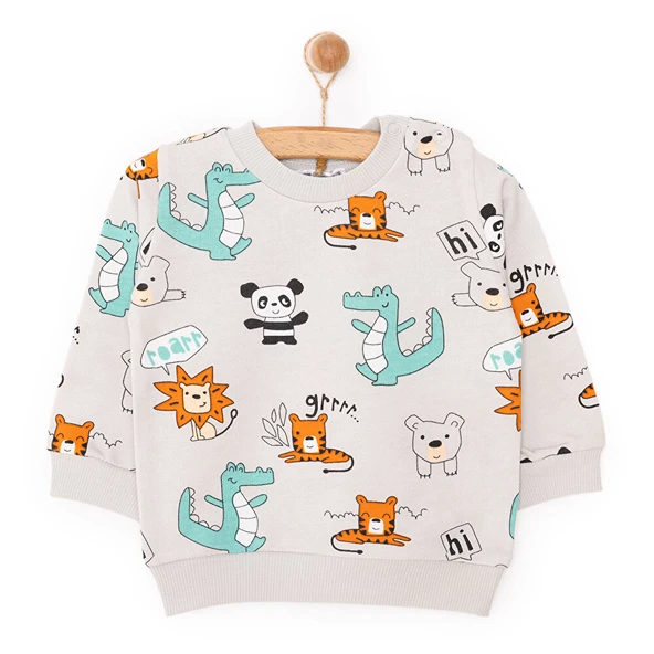 Erkek Bebek Sweatshirt Şardonlu Dinazor Desenli Çıtçıtlı Bisiklet Yaka Uzun Kol
