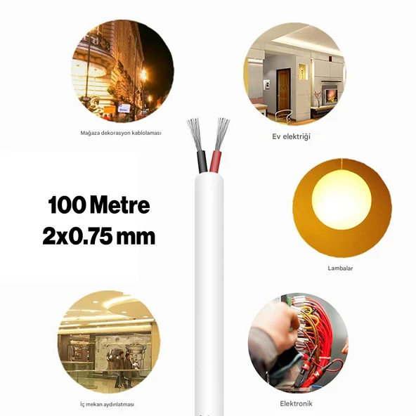 TTR CCA Çok Telli Elektrik Kablosu Topraklı Bakır İletken Damarlı Beyaz Kablo 2x0.75 mm 100 Metre - 2
