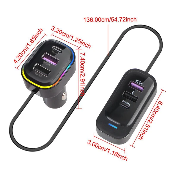 FR-424 36W PD Hızlı Şarj Destekli Çoklu USB & Type-C Çıkışlı Araç Şarj Cihazı - RGB Aydınlatmalı - 2