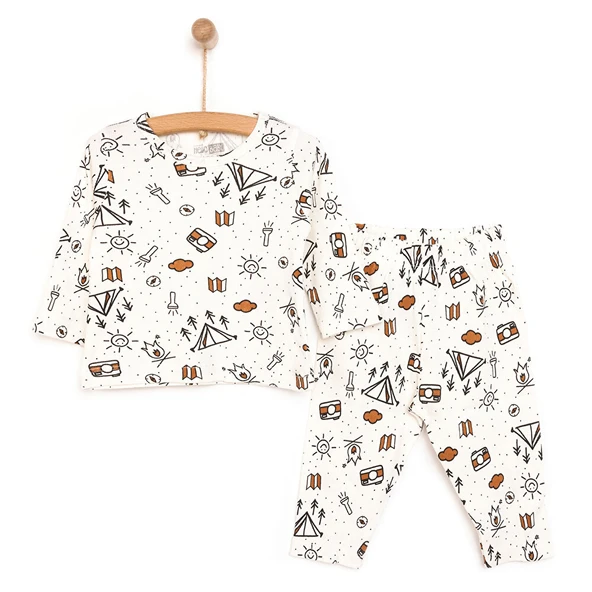 Erkek Bebek Pijama Takım Kaşkorse Kamp Desenli Bisiklet Yaka Uzun Kol Ekru