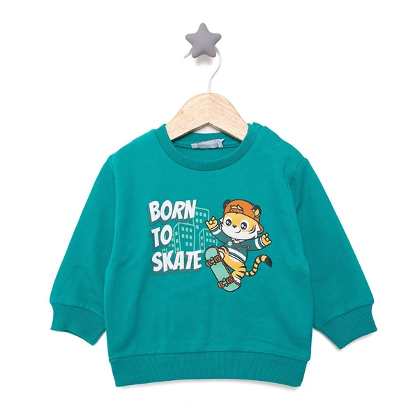 Erkek Bebek Sweatshirt Şardonlu Çıtçıtlı Bisiklet Yaka Uzun Kol Yeşil