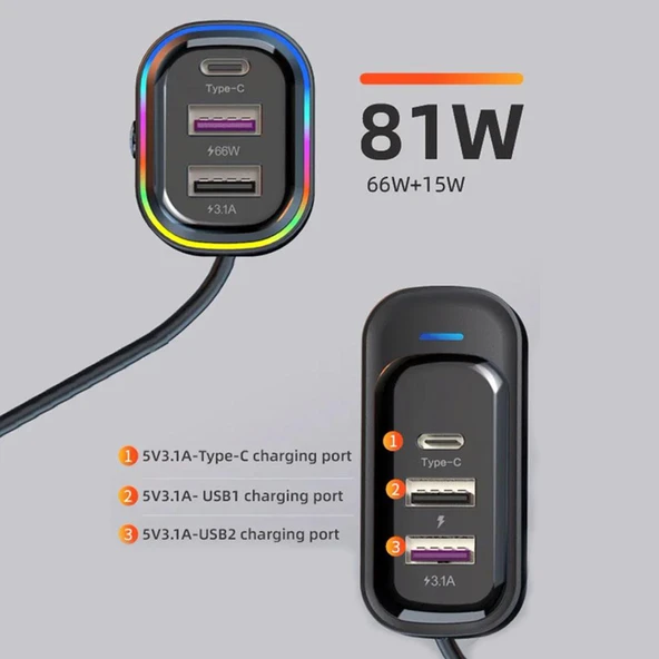 FR-424 36W PD Hızlı Şarj Destekli Çoklu USB & Type-C Çıkışlı Araç Şarj Cihazı - RGB Aydınlatmalı - 3