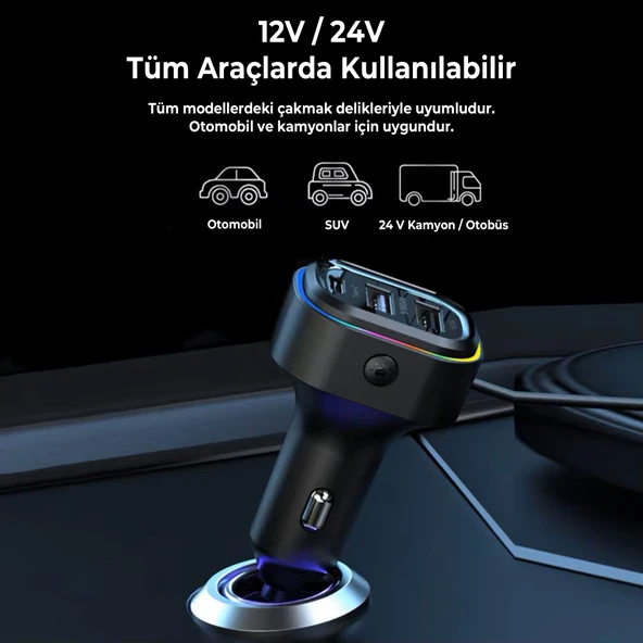 FR-424 36W PD Hızlı Şarj Destekli Çoklu USB & Type-C Çıkışlı Araç Şarj Cihazı - RGB Aydınlatmalı - 5
