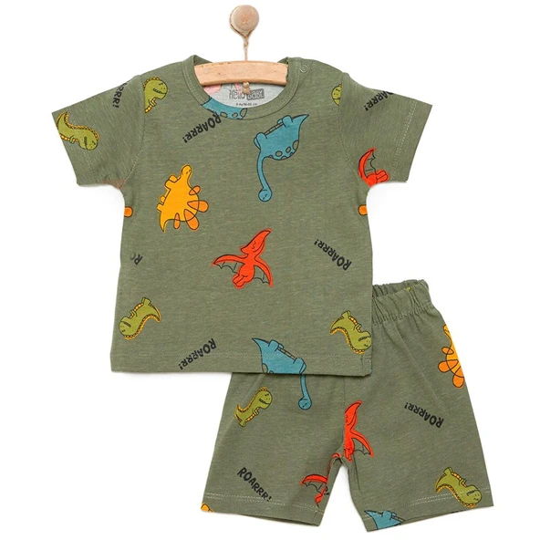 Erkek Kısa Kol Dinazor Desenli Bisiklet Yaka Pijama Takımı