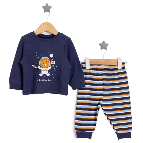 Erkek Bebek Pijama Takım İnterlok Hayvan Desenli Bisiklet Yaka Uzun Kol Lacivert