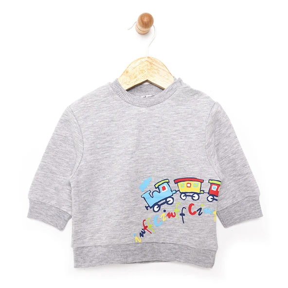 Erkek Bebek Sweatshirt Şardonlu Çıtçıtlı Bisiklet Yaka Uzun Kol Koyu Gri Melanj