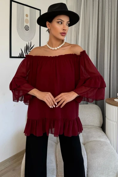 Yaka Lastikli Şifon Bluz 6022-Bordo - 4