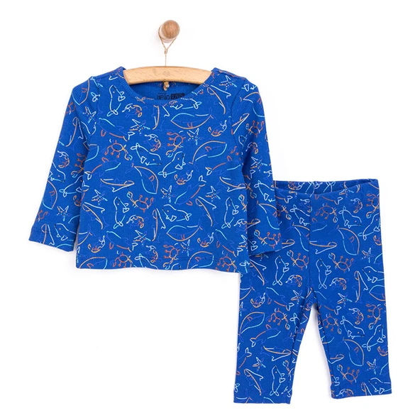 Erkek Bebek Pijama Takım İnterlok Hayvan Desen Bisiklet Yaka Uzun Yol Lacivert
