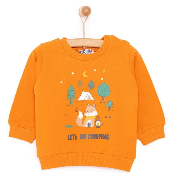 Erkek Bebek Sweatshirt Şardonlu Kamp Temalı Çıtçıtlı Bisiklet Yaka Uzun Kol Turuncu