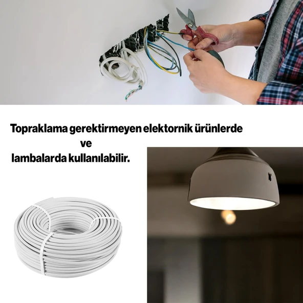 TTR CCA Çok Telli Elektrik Kablosu Topraklı Bakır İletken Damarlı Beyaz Kablo 2x0.75 mm 100 Metre - 5