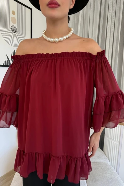 Yaka Lastikli Şifon Bluz 6022-Bordo - 5