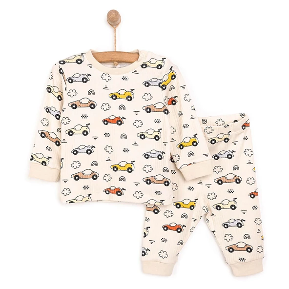 Uzun Kol Kaşkorse Araba Desenli Bisiklet Yaka Pijama Takımı