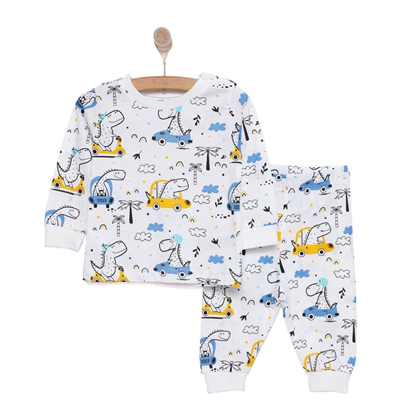 Uzun Kol Bisiklet Yaka Dinazor Desenli Pijama Takımı