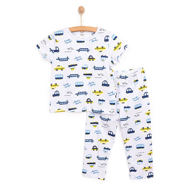 Erkek Kısa Kol Araba Desenli Bisiklet Yaka Pijama Takımı