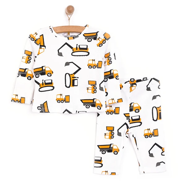 Erkek Bebek Pijama Takım Kaşkorse İş Makine Desen Bisiklet Yaka Uzun Kol Ekru