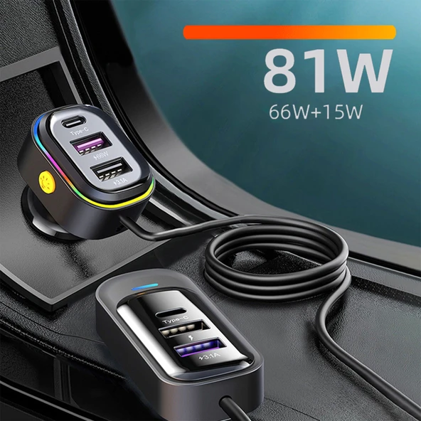 FR-424 36W PD Hızlı Şarj Destekli Çoklu USB & Type-C Çıkışlı Araç Şarj Cihazı - RGB Aydınlatmalı - 4