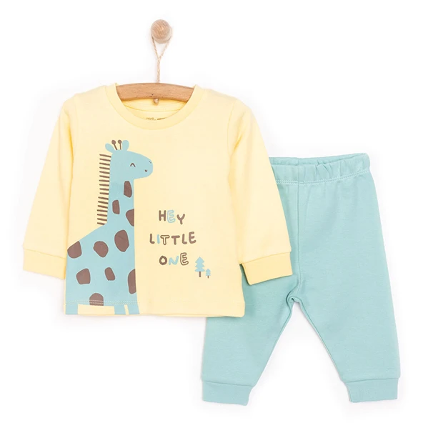 Erkek Bebek Pijama Takım Kaşkorse Dinazor Baskılı Bisiklet Yaka Uzun Kol Sarı