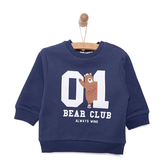Erkek Bebek Sweatshirt Şardonlu Aslan Desenli Çıtçıtlı Bisiklet Yaka Uzun Kol Lacivert