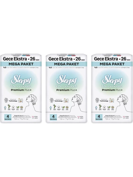 Sleepy Bio Natural Premium Plus Hijyenik Ped Mega Paket Gece Extra 26 x 3 (78 Adet) - 2