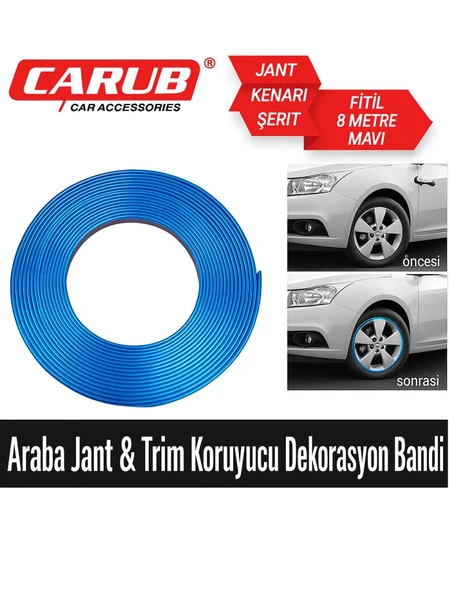 CARUB Jant Kenarı Şerit Fitil 8 Metre Mavi - Araba Jant Koruyucu Dekor Şeridi