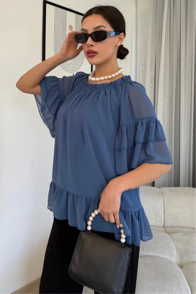 Yaka Lastikli Şifon Bluz 6022-İndigo - 3