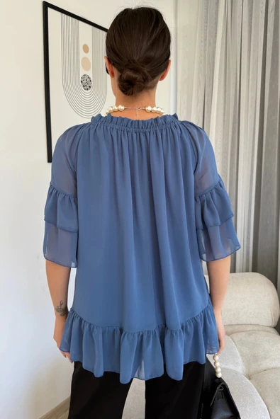 Yaka Lastikli Şifon Bluz 6022-İndigo - 7