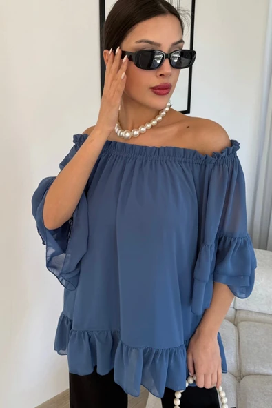Yaka Lastikli Şifon Bluz 6022-İndigo - 2