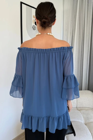 Yaka Lastikli Şifon Bluz 6022-İndigo - 6