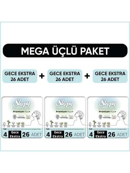Sleepy Bio Natural Premium Plus Hijyenik Ped Mega Paket Gece Extra 26 x 3 (78 Adet)