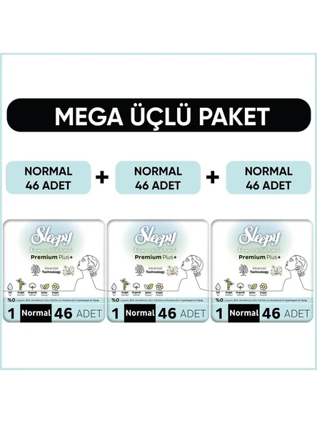 Sleepy Bio Natural Premium Plus Hijyenik Ped Mega Paket Normal 46X3 (138 Adet)