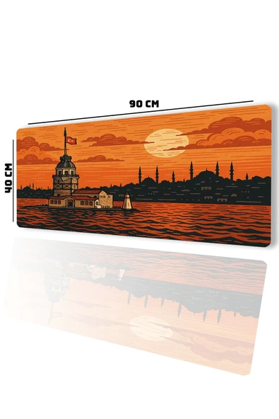 SonicTouch UltraGrand Kız Kulesi ve İstanbul Silueti Turuncu Dikişsiz Xxl Gaming Oyuncu Masaüstü Klavye Mouse Pad 40x90C - 2