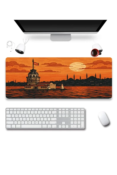 SonicTouch UltraGrand Kız Kulesi ve İstanbul Silueti Turuncu Dikişsiz Xxl Gaming Oyuncu Masaüstü Klavye Mouse Pad 40x90C