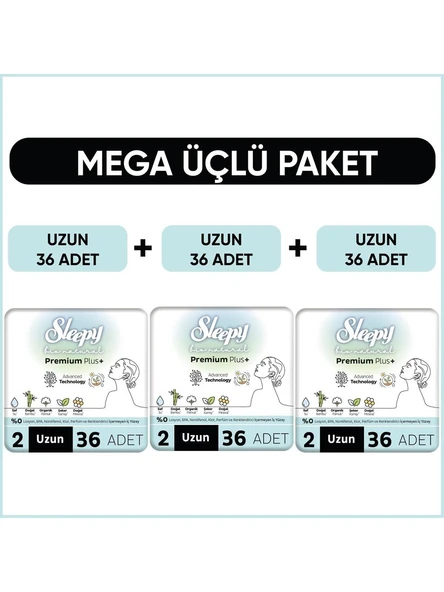 Sleepy Bio Natural Premium Plus Hijyenik Ped Mega Paket Uzun 36X3 (108 Adet)
