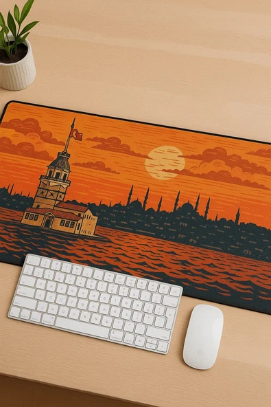 SonicTouch UltraGrand Kız Kulesi ve İstanbul Silueti Turuncu Dikişsiz Xxl Gaming Oyuncu Masaüstü Klavye Mouse Pad 40x90C - 4