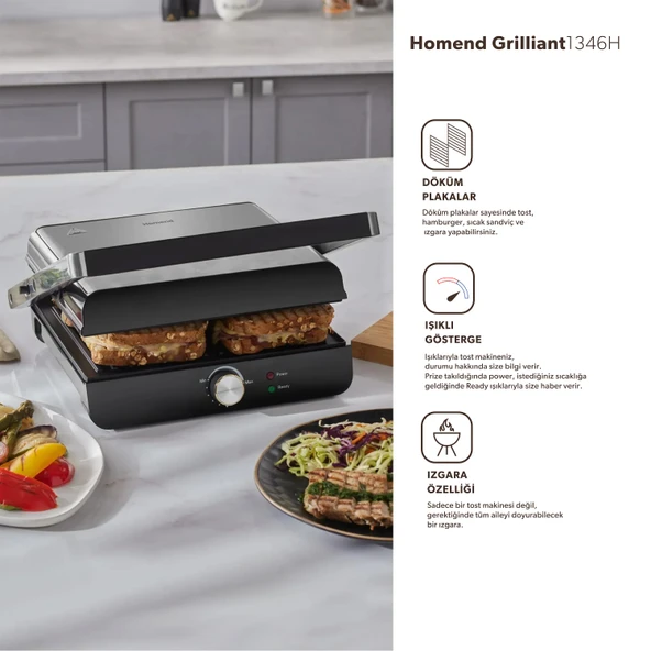 HOMEND Grilliant 1346h Döküm Plakalı Tost Ve Izgara Makinesi Inox 2000 W